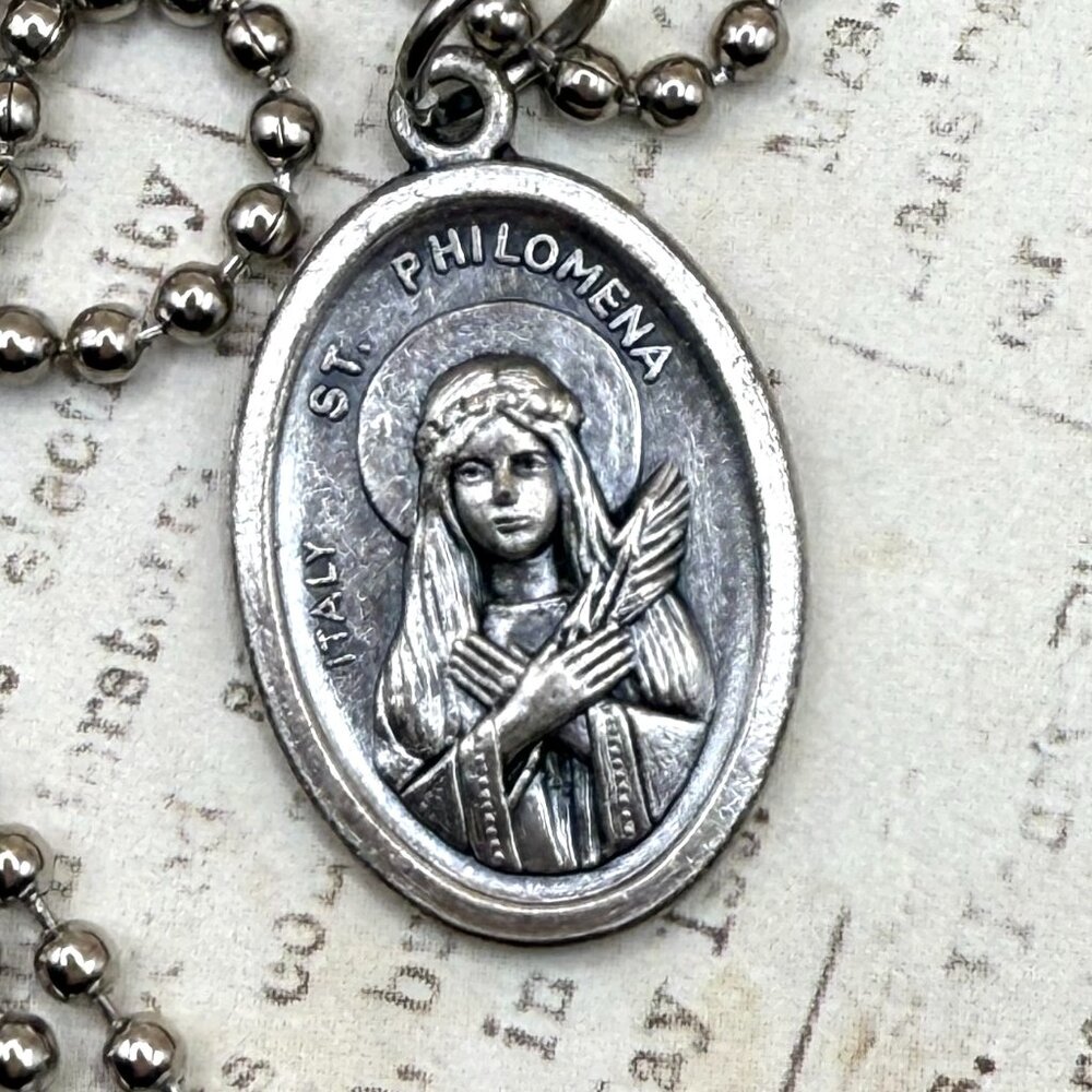 Saint St Philomena Italy Religious Medal Necklace with Cloth Relic